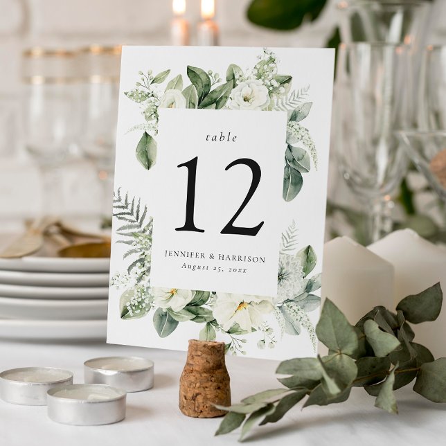 Lush White Flowers and Greenery Frame Wedding Table Number (Creator Uploaded)