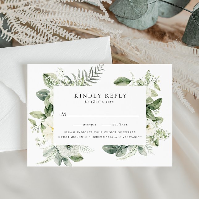 Lush White Flowers and Greenery Meal Choice RSVP Card (Creator Uploaded)