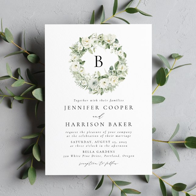 Lush White Flowers and Greenery Monogram Wedding Invitation (Creator Uploaded)