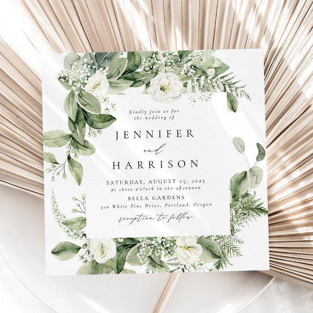 Lush White Flowers and Greenery Square Wedding Invitation (Creator Uploaded)