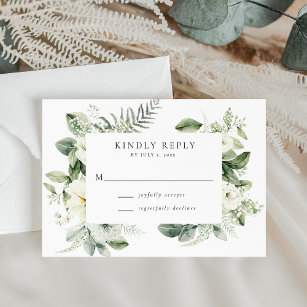 Lush White Flowers and Greenery Wedding RSVP Card