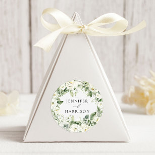 Lush White Flowers and Greenery Wreath Wedding Classic Round Sticker