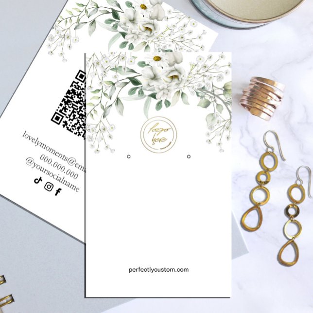 Lush White Flowers Earring Display Business Business Card (watercolor flowers in shades of green and white in rustic garden greenery #whiteflowers #greenery)