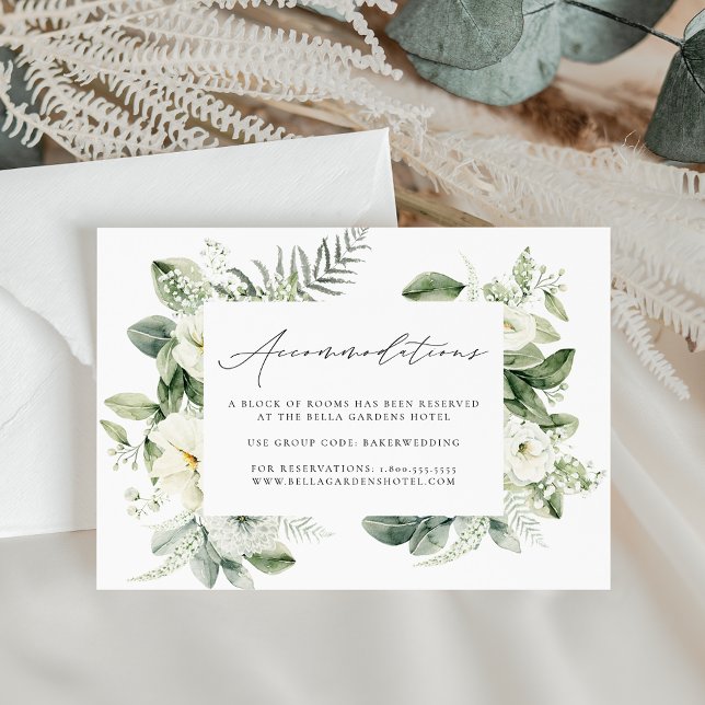 Lush White Flowers & Greenery Hotel Accommodations Enclosure Card (Creator Uploaded)
