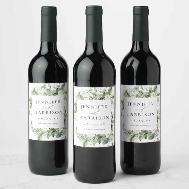Lush White Flowers & Greenery Personalised Wedding Wine Label (Bottles)