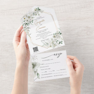 Lush White Flowers QR code All in One Invitation