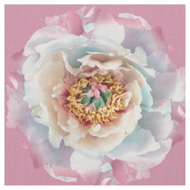 Lush White Peonies Pattern Fabric (Close Up)