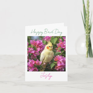 Lutino Cockatiel in Purple Flowers Custom Birthday Card