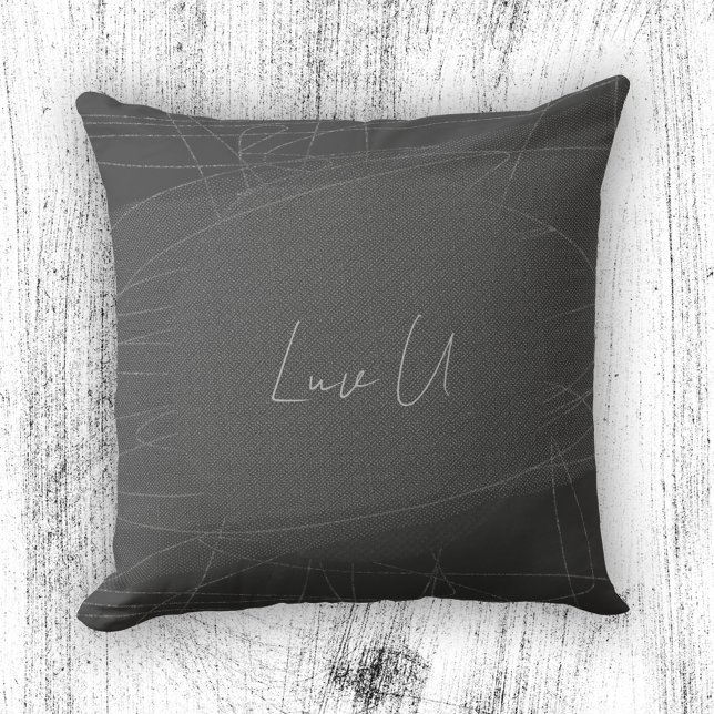 Luv U - Grey Trendy Modern Scribbled Lines Cushion (Luv U - Gray Trendy Modern Scribbled Lines Throw Pillow ©Susanne Sachers - Sunny Mind Design)