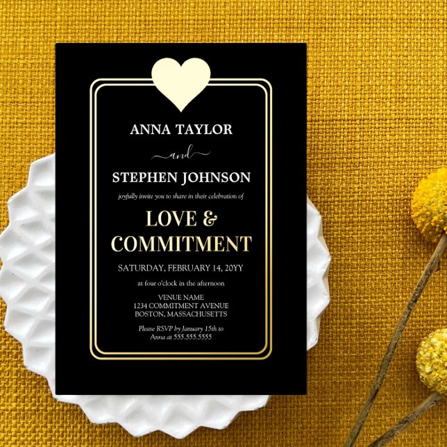 Lux Black Gold Heart Love & Commitment Ceremony (Luxurious gold foil on black commitment ceremony invitation.)