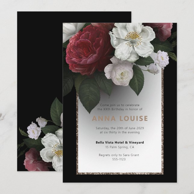 Lux Black Gold Red Pink White Floral Birthday Invitation (Front/Back)