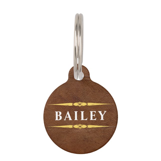 Lux Brown Leather & Gold Monogram Name Pet Tag (Front)