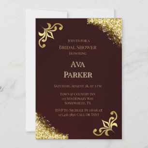 Lux Burgundy Gold Flourish Glitter Bridal Shower Invitation
