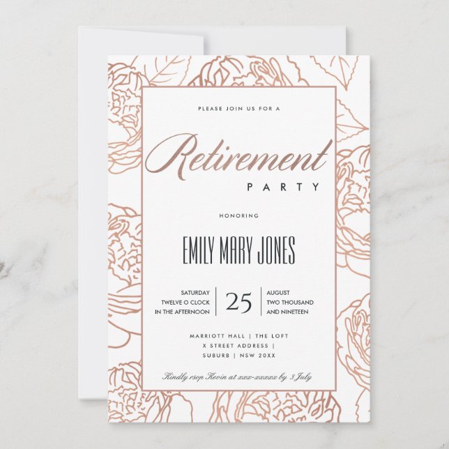 LUX ELEGANT BLUSH PINK ROSE GOLD FLORAL RETIREMENT INVITATION (Front)