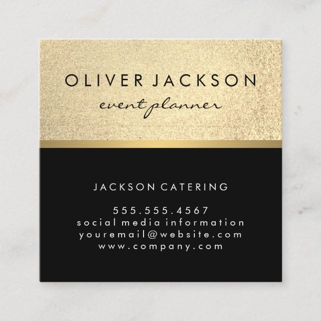 Lux Executive / Glitter Black / Gold Bar Trim Square Business Card (Front)