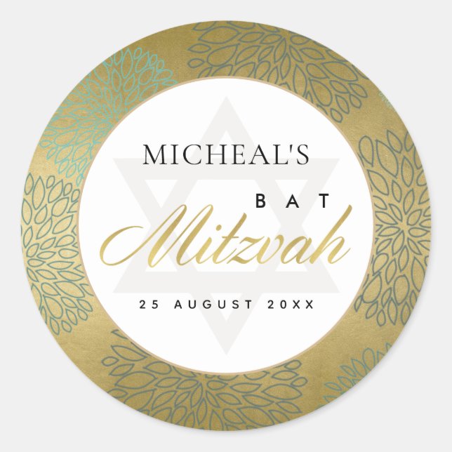 LUX FAUX WHITE GOLD DAHLIA FLORAL BAR BAT MITZVAH CLASSIC ROUND STICKER (Front)