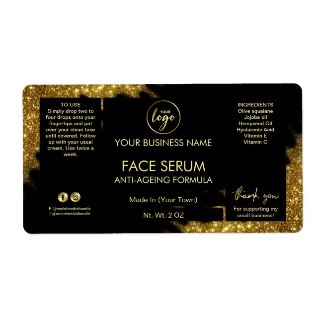Lux Glitter Black Gold Hair Face Serum Label (Front)