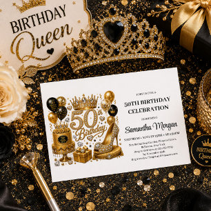 Lux Gold Black Glitter Fifty And Fabulous Birthday Invitation