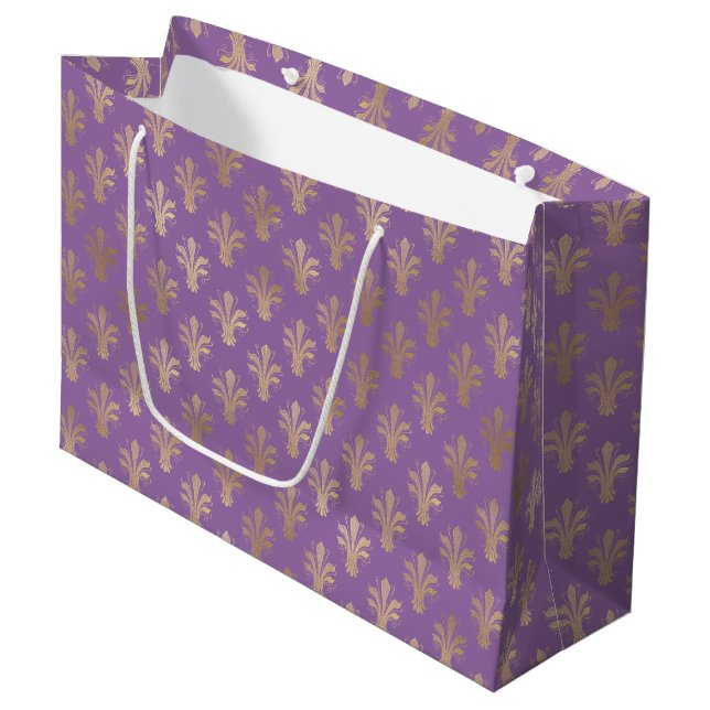 Lux Gold Fleur de Lis and Amethyst Large Gift Bag (Front Angled)
