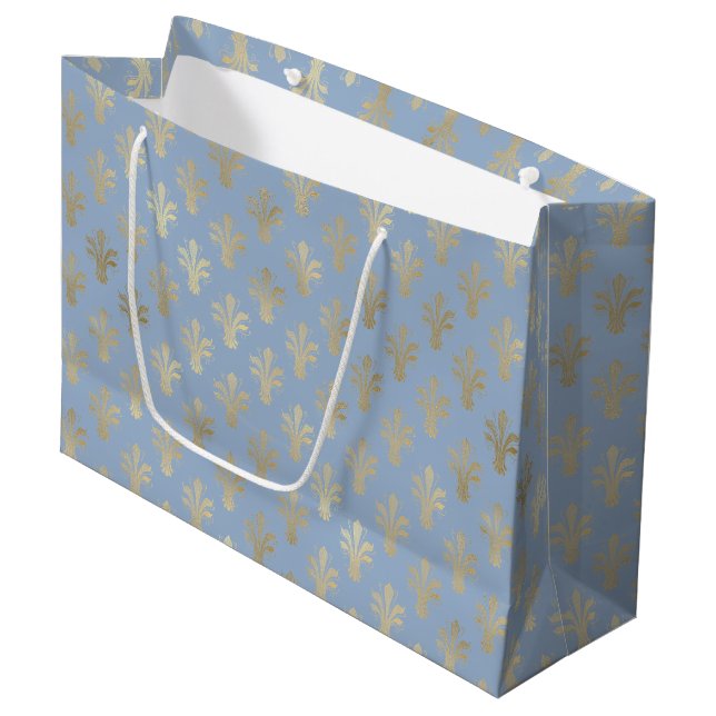 Lux Gold Fleur de Lis and Cerulean Blue Large Gift Bag (Front Angled)
