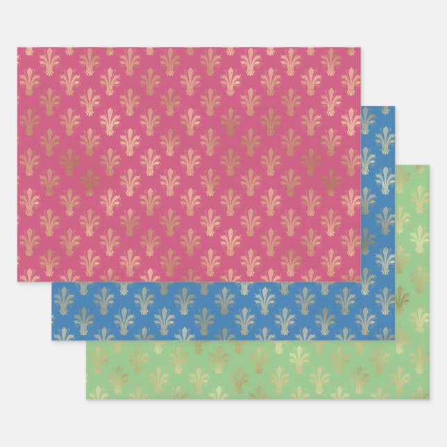 Lux Gold Fleur de Lis and Trendy 2021 Colours  Wrapping Paper Sheet (Set)