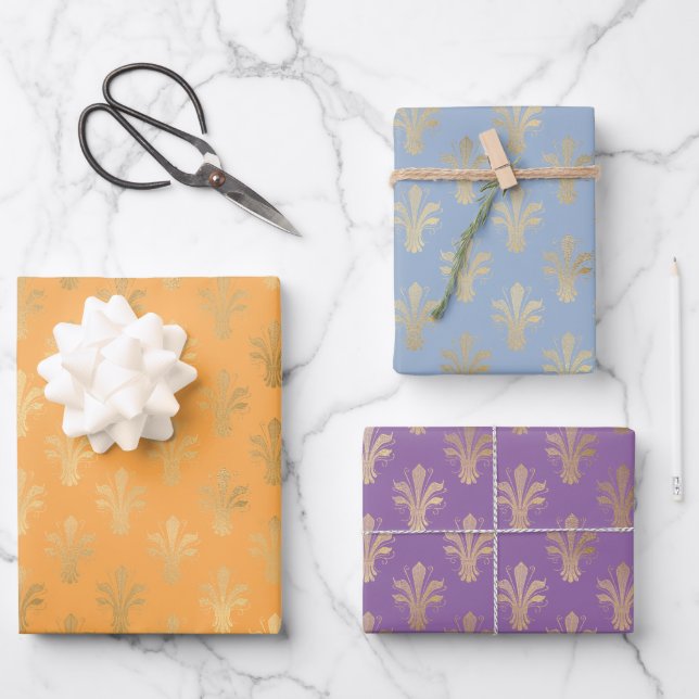 Lux Gold Fleur de Lis Fashion Colour Trio   Wrapping Paper Sheet (Front)