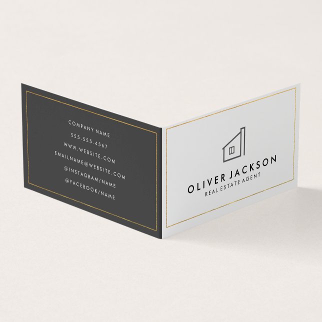 Lux Gold Foil Real Estate White Grey Business Card (Outside)