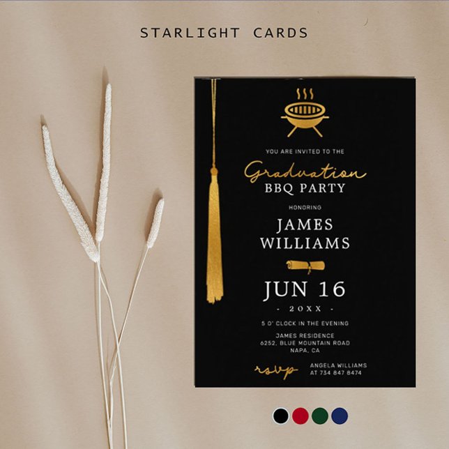 Lux Gold Foil Tassel Graduation BBQ Party Black Invitation (Creator Uploaded)