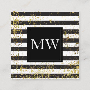 Lux Gold Grunge Monogram Black White Stripes Square Business Card