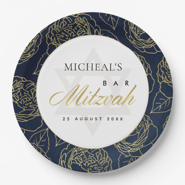 LUX GOLD NAVY BLUE ROSE FLORAL BAR BAT MITZVAH PAPER PLATE (Front)