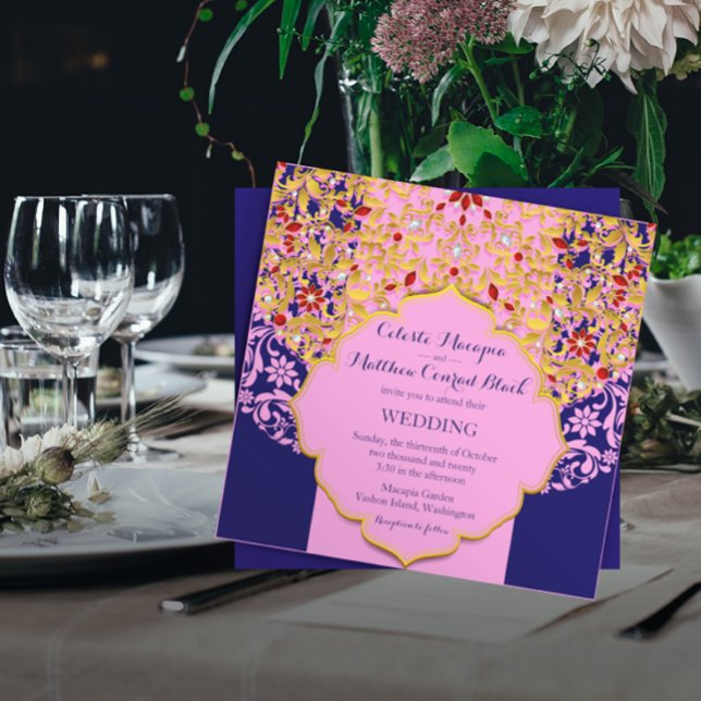 Lux Jewelled Gold Pink Blue Hindu Wedding Invitation (Creator Uploaded)