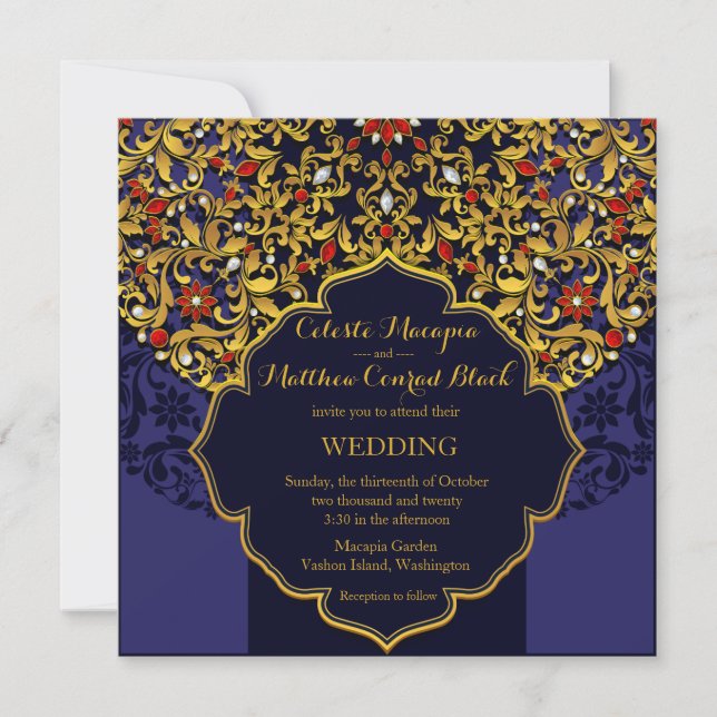 Lux Jewelled Gold Red Blue Hindu Wedding Invitation (Front)