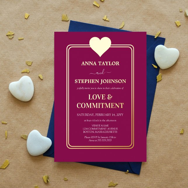Lux Mulberry and Gold Heart Commitment Ceremony (Mulberry and gold foil heart commitment ceremony invitation front view)