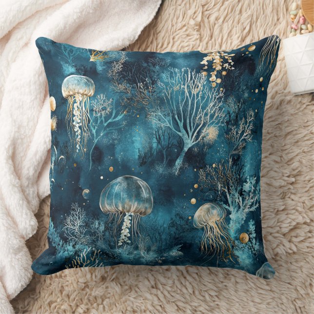 Lux Ocean Jellyfish & Coral Gold Pattern (2) Cushion (Blanket)