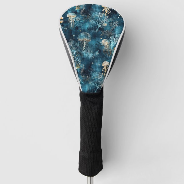Lux Ocean Jellyfish & Coral Gold Pattern (2) Golf Head Cover (Front)