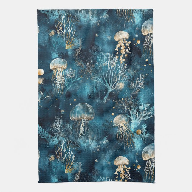 Lux Ocean Jellyfish & Coral Gold Pattern (2) Tea Towel (Vertical)