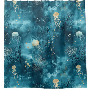 Lux Ocean Jellyfish & Coral Gold Pattern (3) Shower Curtain