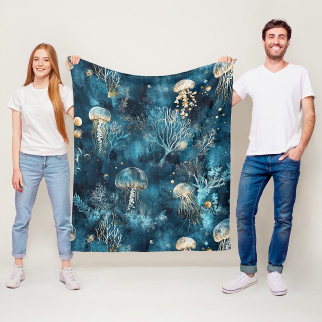 Lux Ocean Jellyfish & Coral Gold Pattern Fleece Blanket (In Situ)