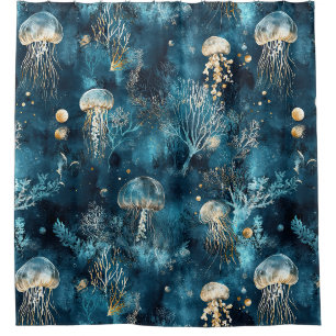 Lux Ocean Jellyfish & Coral Gold Pattern Shower Curtain