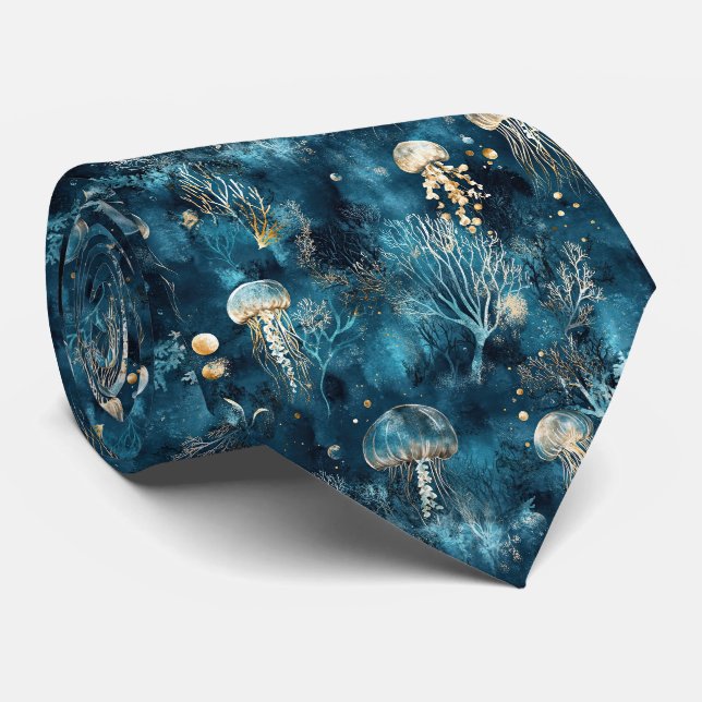 Lux Ocean Jellyfish & Coral Gold Pattern Tie (Rolled)
