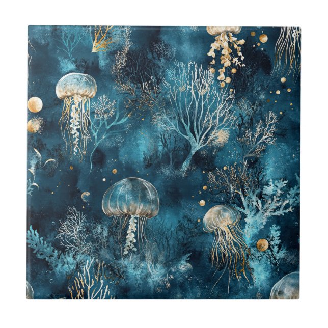 Lux Ocean Jellyfish & Coral Gold Pattern Tile (Front)