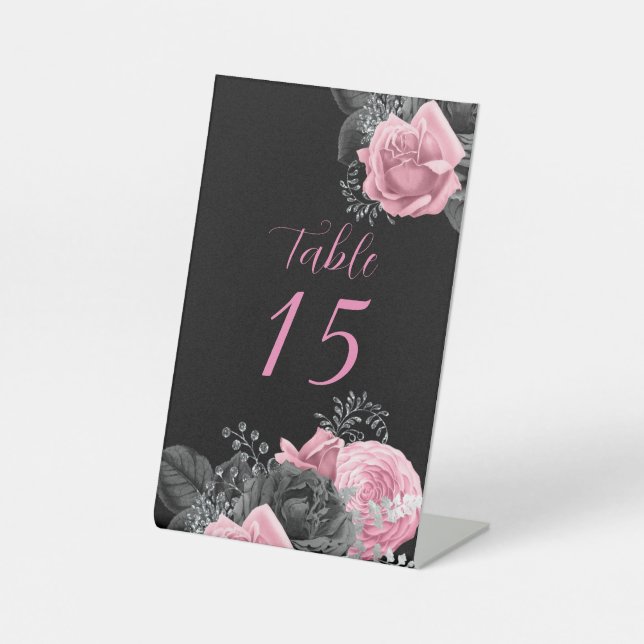 Lux Pink Black Floral Inking Wedding Table Number  Pedestal Sign (Front)