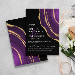 Lux purple golden agate black wedding invitation