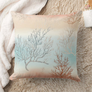 Lux Watercolor Coastal Coral & Ocean Waves (1) Cushion