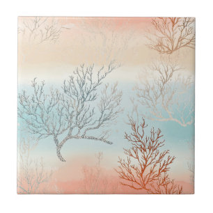 Lux Watercolor Coastal Coral & Ocean Waves (1) Tile