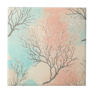 Lux Watercolor Coastal Coral & Ocean Waves (2) Tile