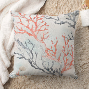 Lux Watercolor Coastal Coral & Ocean Waves (3) Cushion