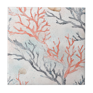 Lux Watercolor Coastal Coral & Ocean Waves (3) Tile