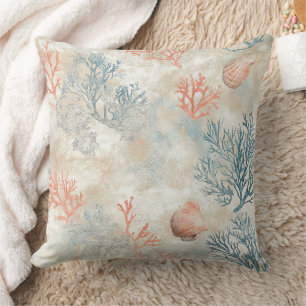 Lux Watercolor Coastal Coral & Ocean Waves (6) Cushion