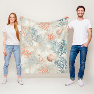 Lux Watercolor Coastal Coral & Ocean Waves (6) Fleece Blanket